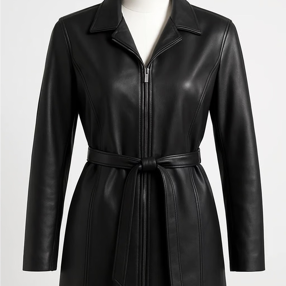 Worthington Classic Belted Black Genuine Leather Jacket vintage Size Large